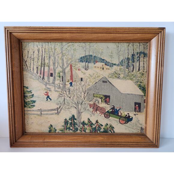 MCM GRANDMA MOSES Barkcloth Picture Early Springtime on The Farm Framed 18.5"x14